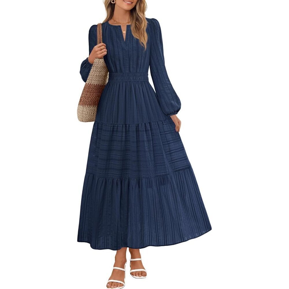 Winter Spring Midi Dresses for Women 2026 Casual Vacation Long Sleeve V Neck Tie